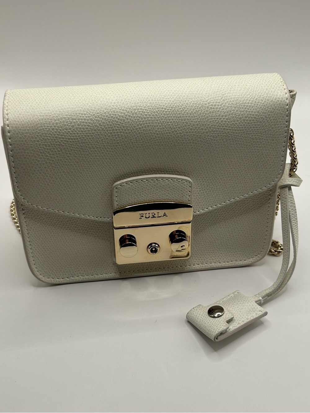 Furla White Leather Metropolis Crossbody with Gold Hardware and Key